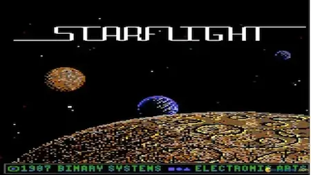 Starflight title screen with planets and deep space background.