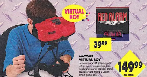 1995 magazine advertisement for Nintendo Virtual Boy with Red Alarm game – original retail price $149.99