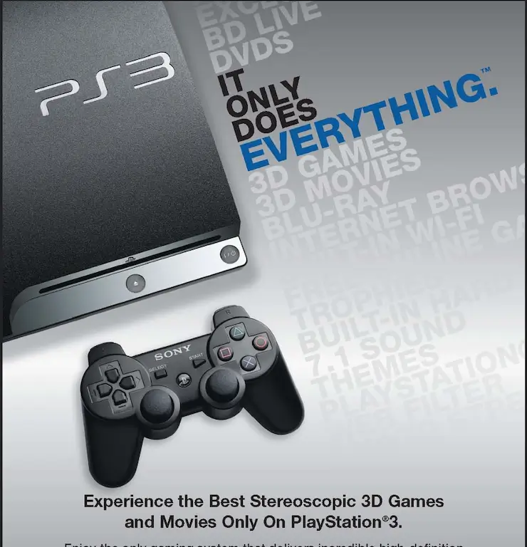 PlayStation 3 Slim console and controller from Sony's It Only Does Everything ad