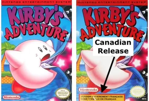 Comparison of Kirby’s Adventure NES boxes: U.S. Classic NES Series version with “Classic Series” red banner and English-only text, next to Canadian Red Label version featuring bilingual packagingg.. Highlights regional and box design differences