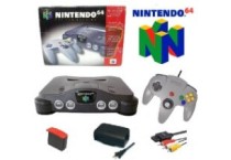 Boxed Nintendo 64 console with controllers and AV cables.
