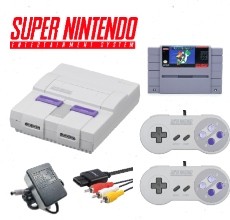 Super Nintendo console bundle with Super Mario World, 2 controllers, AV cable, and power adapter