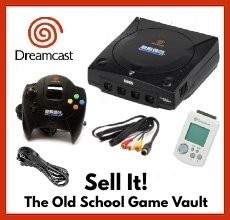 Black Sega Dreamcast console bundle – includes cords, controller, and VMU