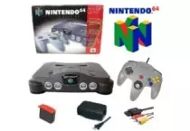 Boxed Nintendo 64 console with controllers and AV cables ready for trade-in