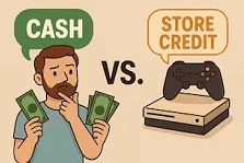 Cartoon split-scene showing a gamer choosing between cash and store credit while trading in retro video games like SNES and PlayStation