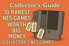 Cartoon image showing rare NES games with price tags and “Collector’s Guide” title, styled for retro gamers and collectors.