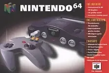 Boxed Nintendo 64 console set with controller and packaging details, highlighting features like 64-bit graphics and 3D gameplay—ideal for retro game collectors.