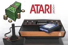 Atari 2600 console with joystick and money icon – illustrating the high value of rare Atari games for collectors