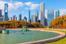 Chicago skyline near Buckingham Fountain in autumn – Sell retro video games in Illinois.