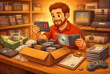 Mail-in retro game buying service process with package delivery, game inspection, and cash payout illustration.