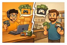 Cash vs store credit video game trade-in cartoon showing online selling versus in-store trade-in options.