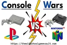 PlayStation 1 vs Nintendo 64 console comparison – retro gaming console wars graphic from The Old School Game Vault