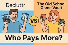 Cartoon image comparing Decluttr and The Old School Game Vault payouts for used video games, with a split-screen price chart and gamer character.