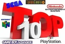 Top 10 retro video game consoles featuring logos from Sega, NES, PlayStation, Nintendo 64, Game Boy Advance, and TurboGrafx-16.