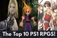 Collage of the best PS1 RPG games including Final Fantasy VII, Suikoden II, Chrono Cross, Vagrant Story, and others, with a PlayStation logo and the text “Best PS1 RPG Games.