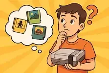Cartoon of a man holding an NES console and thinking about old video games