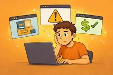 Illustration of someone comparing video game-selling options online using a laptop.