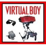 Virtual Boy console bundle with visor, stand, controller, and power supply shown complete